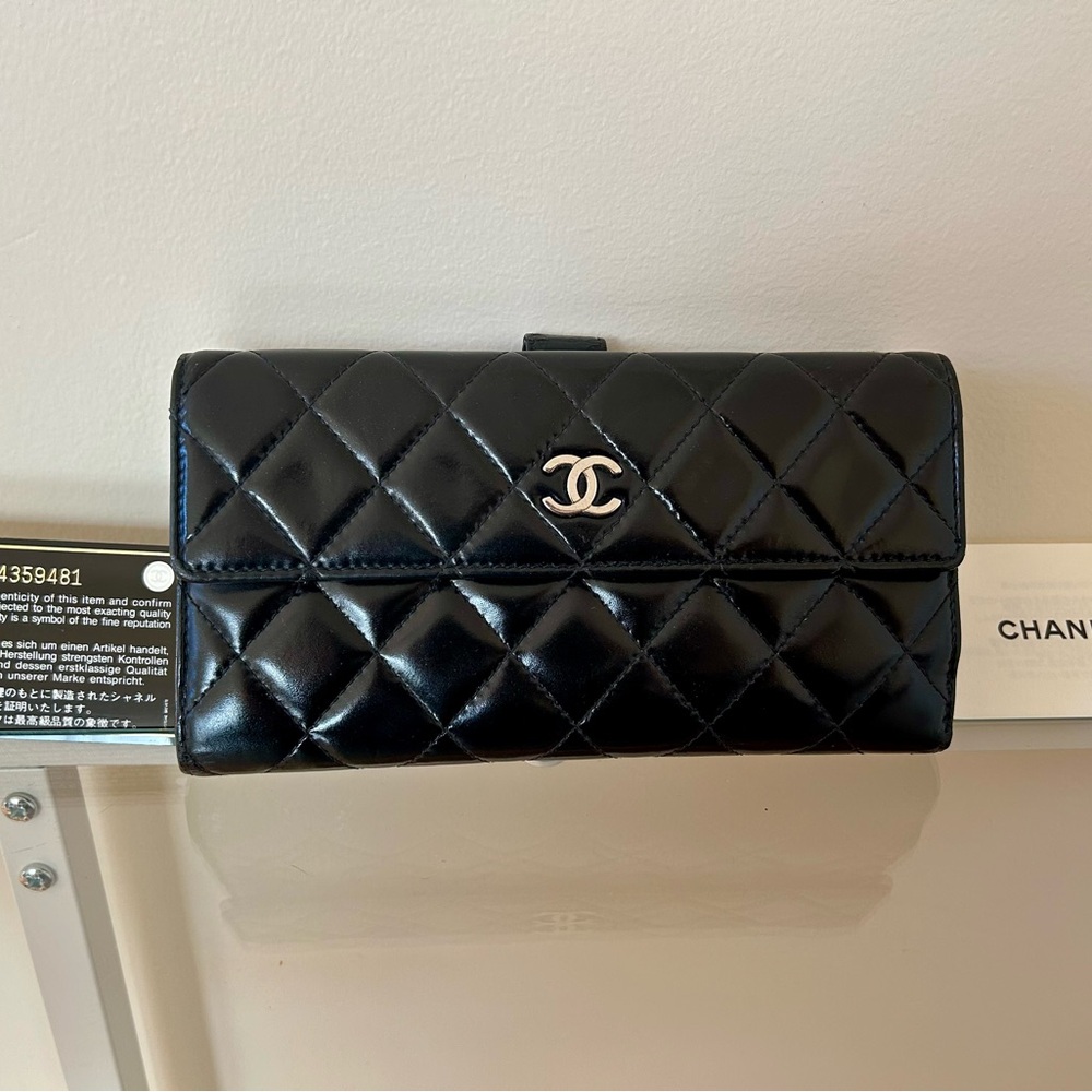 Authentic Chanel Classic Flap Matelasse Black Quilted Patent Leather Wallet